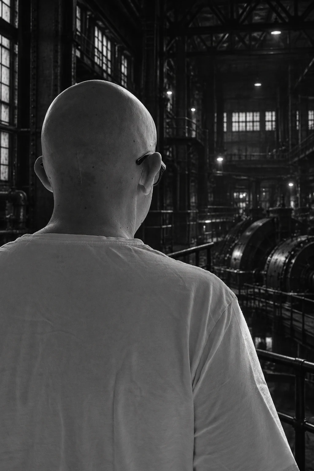 Nick Dalk de dos dans une vaste halle industrielle, face à la lumière.