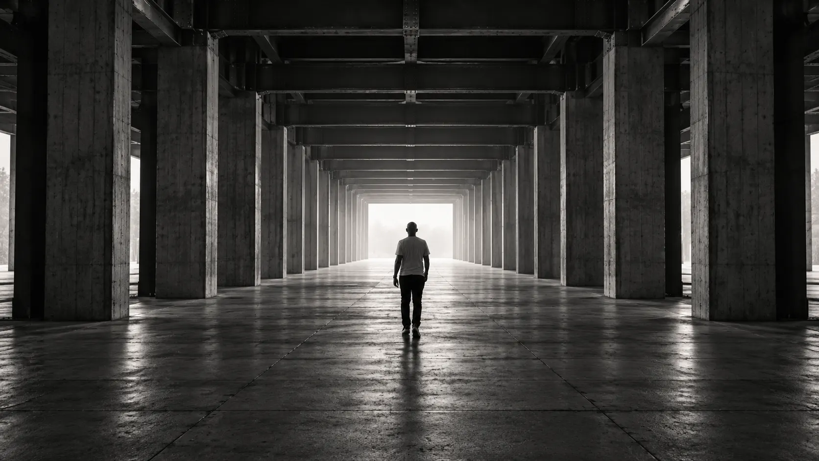 Nick Dalk traverse seul une vaste galerie de béton et d’acier vers la lumière.