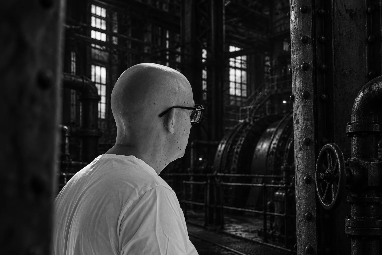Nick Dalk de profil dans son univers industriel en noir et blanc.
