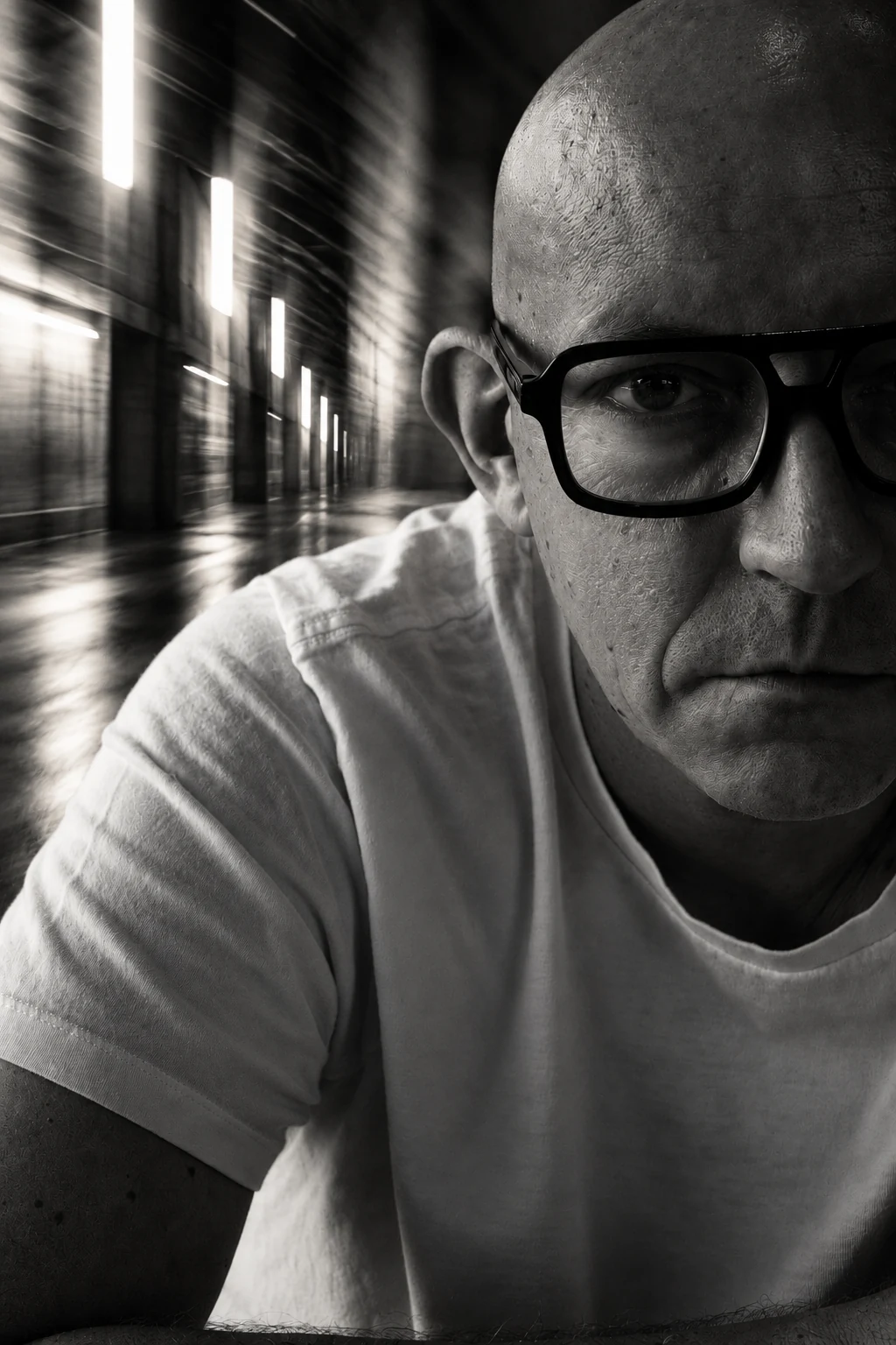 Portrait noir et blanc de Nick Dalk devant un couloir industriel dont les lumières filent vers le fond.